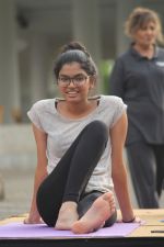 Muskaan Ghai doing yoga practice along withher father Subhash Ghai at Whistling Woods International on 15th June 2017